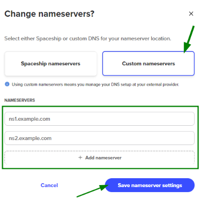 Nameservers section with Change button