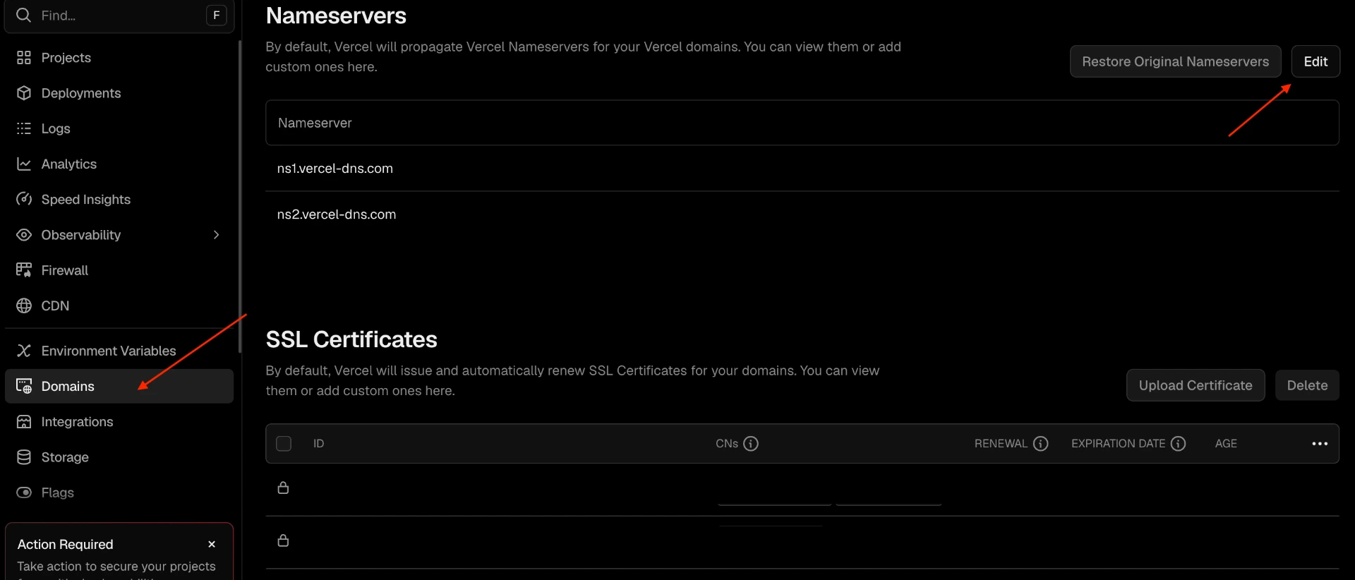 Vercel Nameservers section with Edit button highlighted